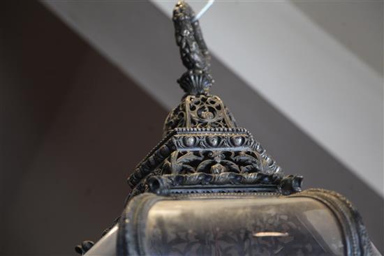 A late 19th century silvered bronze hexagonal hall lantern, drop 2ft 6in. diameter 1ft 7in.